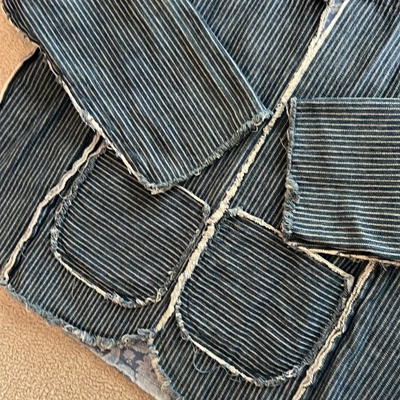 Handmade Vintage Pinstripe Denim Patchwork Jacket L/XL - Picture 3 of 6